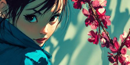 A girl with long black hair wearing a blue outfit looks over her shoulder at the viewer. Cherry blossoms bloom around her creating a vibrant spring atmosphere filled with color and life.の素材