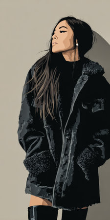 A young woman with long dark hair stands confidently wearing a cozy oversized fur coat. The backdrop is simple and neutral emphasizing her fashion-forward look and relaxed demeanor.の素材