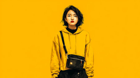 A young individual wears a bright yellow hoodie and poses confidently in front of a matching yellow wall reflecting modern urban fashion trends. The setting suggests a lively city environment.の素材