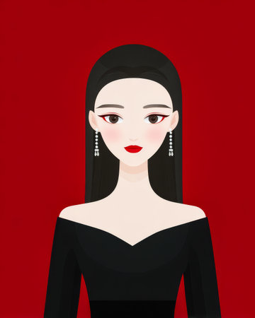 A woman with long black hair and dramatic makeup is seen wearing a stylish black dress with an off-shoulder design. The vivid red background enhances the elegance of her appearance.の素材