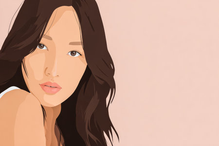 A young woman with long flowing dark hair gazes softly toward the viewer. Her expression is calm and introspective set against a gentle pastel background that enhances her features.の素材