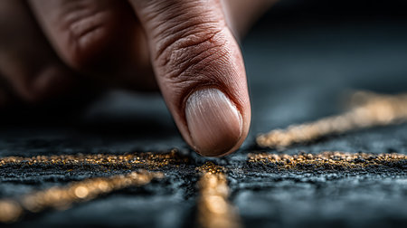 Craftsman skillfully applies a finger to detailed embroidery featuring golden threads. The setting is a textile workshop where intricate designs come to life showcasing artistry and craftsmanship.の素材