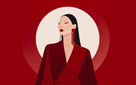 A stylish woman stands confidently in a rich red outfit adorned with eye-catching earrings. Her intense gaze and striking makeup complement the vibrant background creating a powerful visual impact.の素材