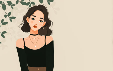 A young woman stands with confidence wearing layered necklaces and a black top. Her relaxed expression complements the soft neutral background adorned with green leaves creating a calm atmosphere.の素材