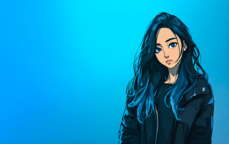 A young woman stands confidently with long wavy hair painted in shades of blue. She wears a dark jacket and gazes directly at the viewer surrounded by a serene blue background.の素材