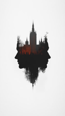 Two silhouetted faces are mirrored against a backdrop featuring a gothic castle, surrounded by dark trees as the light fades into dusk, creating a mysterious atmosphere.の素材