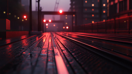 Railway tracks glisten under light rain as urban buildings loom in the background, illuminated by reflective red light in the dim evening. A serene atmosphere envelops the scene.の素材
