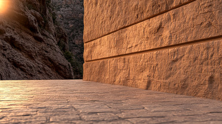 A narrow path winds through a rocky canyon as sunlight streams in, casting warm hues on the textured stone walls, creating a tranquil atmosphere during the early evening hours.の素材