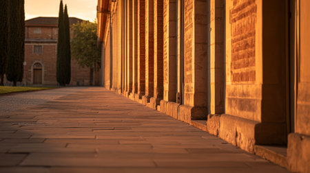 The warm glow of sunset casts long shadows along a beautiful pathway lined with columns and trees, showcasing the charm of historic architecture. A tranquil atmosphere invites exploration.の素材