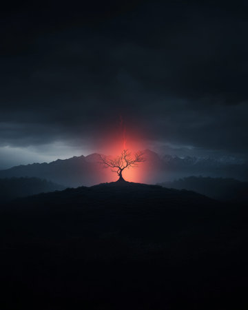 A lone tree stands on a hill, bathed in an ethereal glow, with dark clouds swirling above and distant mountains fading into the background at dusk. The scene evokes a sense of solitude and mystery.の素材