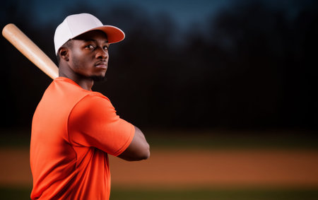 A young baseball player stands confidently with a bat over his shoulder, dressed in an orange shirt and white cap. The background reveals a blurred sports field at dusk, highlighting his readiness.の素材