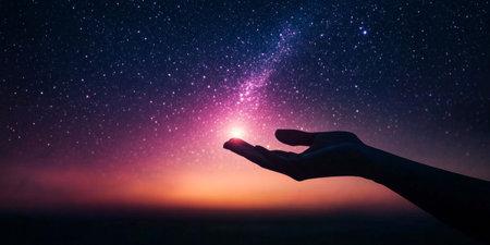 A hand extends toward a radiant orb floating in the night sky, surrounded by countless stars. The horizon glows softly as day transitions to night, creating a magical atmosphere.の素材
