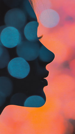 A woman's profile is captured in silhouette, highlighting her facial features against a vibrant backdrop filled with softly glowing bokeh lights. The colorful hues create a dreamy atmosphere.の素材