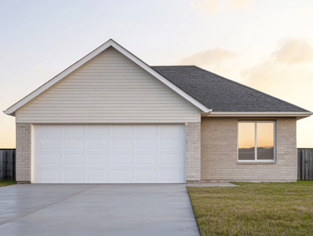 A contemporary single-story house features a spacious two-car garage and a neatly maintained lawn. The sun sets in the background, casting a warm glow over the welcoming exterior.の素材