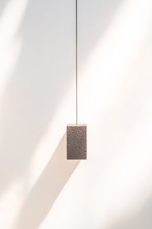 A simple gray block hangs delicately from a thin thread, casting a soft shadow on a bright wall, highlighting minimalistic design principles in a serene, modern environment.の素材
