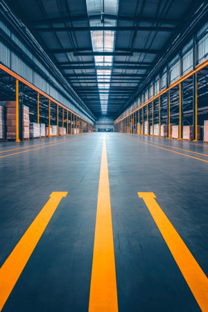 A spacious warehouse features wide, well-defined lanes leading through tall shelving units filled with stacked goods. Natural light pours through overhead windows, creating a bright environment.の素材