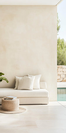 A minimalistic living room features a light-colored sofa adorned with soft pillows. Natural light floods the space, highlighting a cozy atmosphere and offering a view of a serene outdoor garden.の素材