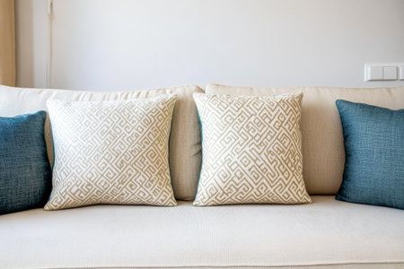 A light-colored sofa is adorned with decorative cushions in various shades of blue and beige. The arrangement creates a welcoming and stylish atmosphere in the living area.の素材