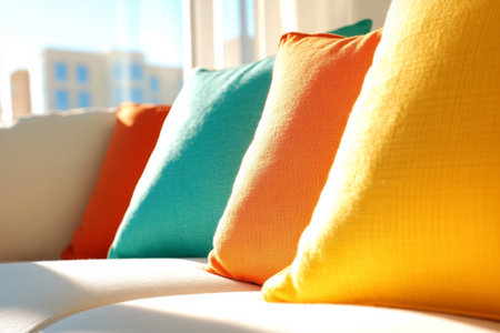 A cozy space features a white sofa adorned with vibrant cushions in orange, teal, and yellow, highlighted by warm, natural light streaming through the window, creating an inviting ambiance.の素材
