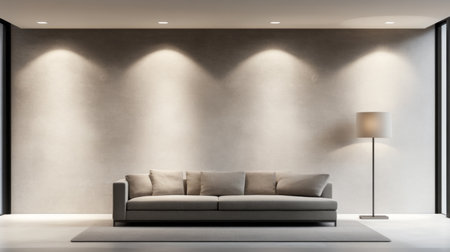 A contemporary living room features a stylish gray sofa facing a smooth wall, illuminated by soft lighting. A floor lamp adds elegance, creating a cozy atmosphere in the spacious area.の素材