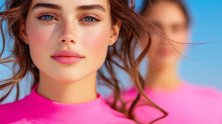 Two young women are at the beach, dressed in vibrant pink swimwear. The sun shines on them, highlighting their joyful expressions against a beautiful backdrop of blue sky and sea.の素材