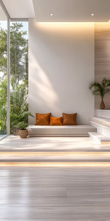 A bright, contemporary living space showcases a comfortable seating area with two cushions. Large windows let in sunlight while indoor plants enhance the natural feel.の素材