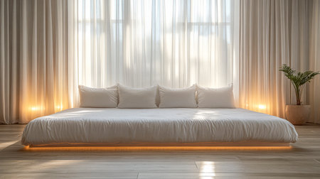 A spacious bedroom features a low-profile bed covered in white linens, adorned with plush pillows, and illuminated by soft, warm lighting. A potted plant adds a touch of greenery.の素材