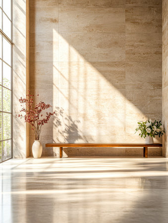 A spacious room features large windows allowing sunlight to stream in, casting shadows on the elegant furniture. Simple plants add a touch of nature to the minimalist design.の素材