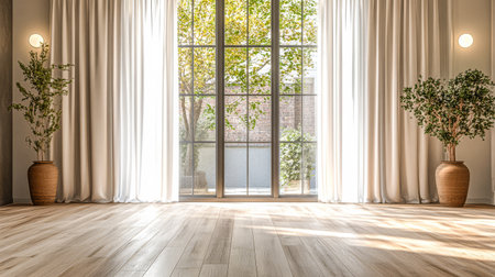 Sunlight streams through large windows in a spacious interior, highlighting beautiful wooden floors and potted plants that enhance the inviting and refreshing ambiance.の素材