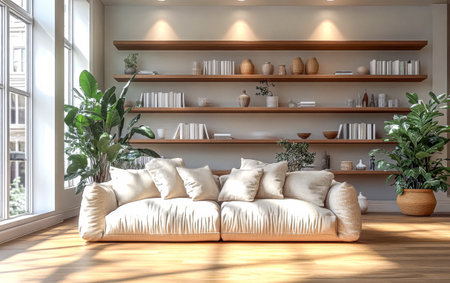 A bright and welcoming living room features a plush, padded sofa, elegantly arranged shelves filled with decor, and lush houseplants enhancing the inviting atmosphere.の素材