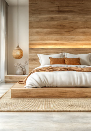 Soft natural light fills a modern bedroom with a wooden accent wall, a low platform bed, and decorative cushions in warm colors. A pendant lamp adds a touch of elegance.の素材