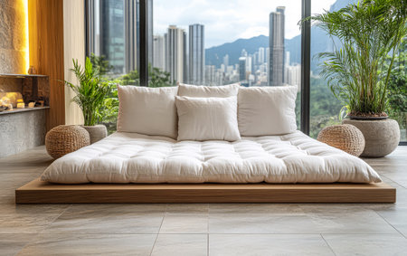 A minimalist seating area features a large white cushion arrangement on a wooden platform, with a stunning city skyline and mountains visible through large windows.の素材