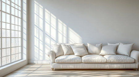 A spacious living room features a contemporary white couch adorned with fluffy pillows. Sunlight streams through large windows, casting gentle shadows on the wooden floor, enhancing tranquility.の素材