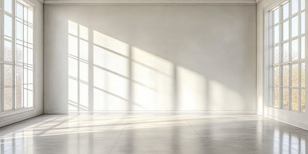 Sunlight streams through large windows in a bright, spacious interior. The pristine floor reflects the warm light, creating a welcoming atmosphere during daylight.の素材