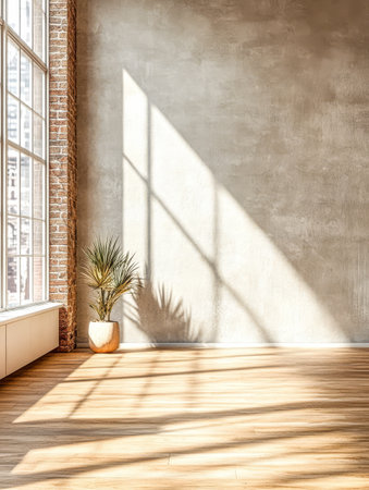 Bright interior space features large windows allowing sunlight to stream in, highlighting a potted plant and creating soft shadows on the wooden floor.の素材