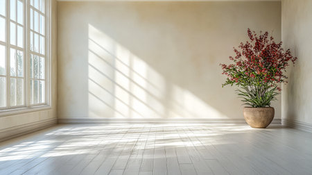 A bright room features large windows allowing sunlight to cast shadows on the floor. A vibrant flower arrangement in a pot adds a touch of color to the minimalist decor and peaceful ambiance.の素材