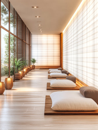 A spacious relaxation area features wooden flooring and tranquil seating. Soft cushions are arranged on wooden platforms, surrounded by plants and warm lighting, creating a peaceful atmosphere.の素材