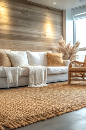 A spacious living room features a white sofa adorned with textured cushions and a soft throw. Natural light floods through large windows, illuminating a woven rug and decorative plants.の素材