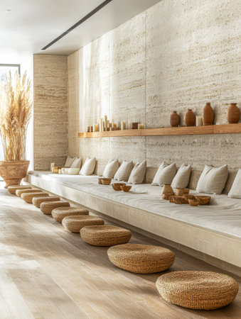 The lounge showcases a serene atmosphere with earthy tones, featuring low seating and decorative pottery. Soft cushions and a large plant enhance the peaceful environment, ideal for relaxation.の素材