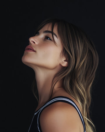 A woman with flowing hair strikes a side profile pose, her expression thoughtful and serene. The dark background enhances her features, adding depth to the moment.の素材