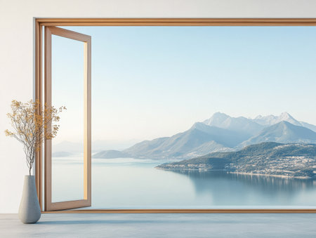 Natural light floods a contemporary room with an open window framing breathtaking mountains and a peaceful lake. The time of day suggests early morning tranquility and beauty.の素材