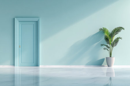 A spacious room features a light blue door against a soft blue wall, complemented by a tall green potted plant beside it. Natural light enhances the elegant marble floor.の素材