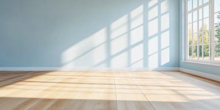 Sunlight streams through large windows, casting geometric shadows across the wooden floor of a tranquil space with blue walls. This serene interior invites relaxation and creativity.の素材