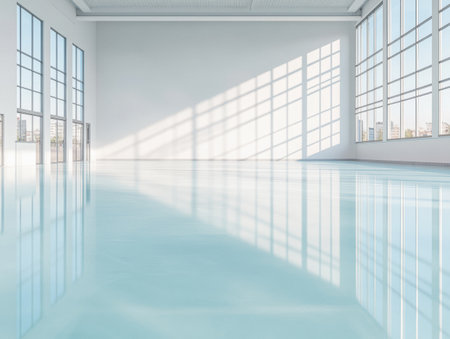 Bright indoor space features large windows allowing sunlight to pour in, creating a tranquil atmosphere with reflections on the smooth floor. Ideal for various activities.の素材