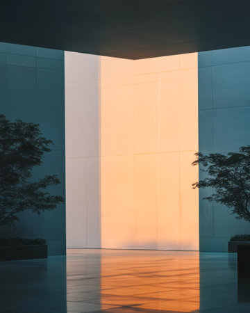 Natural light streams through an architectural opening, casting warm orange hues across a minimalist indoor area. Reflective surfaces enhance the tranquil atmosphere surrounded by greenery.の素材