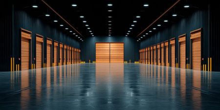 Spacious storage facility features several loading docks along the walls and a bright, polished concrete floor, creating an organized and efficient area for operations.の素材