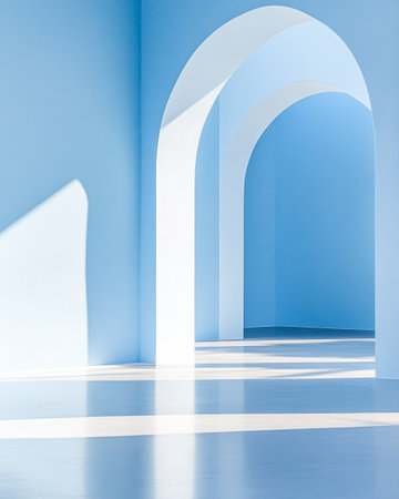 Soft sunlight filters through a series of elegant blue arches, casting gentle shadows on the smooth floor. The minimalist design evokes tranquility and peace.の素材