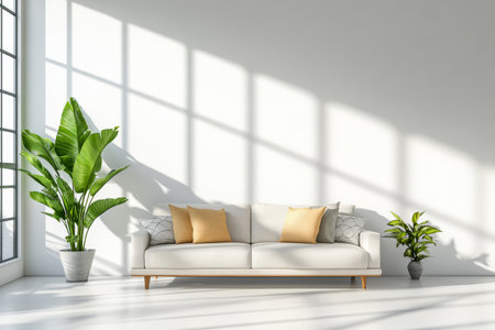 Sunlight streams through a large window in a contemporary living room featuring a white sofa with yellow pillows, complemented by lush green plants. The space feels inviting and spacious.の素材