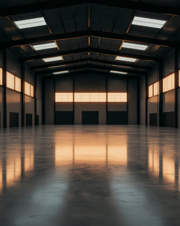 Spacious warehouse with high ceilings and polished concrete floor reflects warm sunset light. Large windows create a bright environment in the late afternoon, ideal for activities.の素材