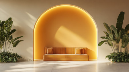 A modern seating area features a warm yellow glowing arch, complemented by plush cushions and lush green plants, creating a welcoming atmosphere in an indoor space.の素材